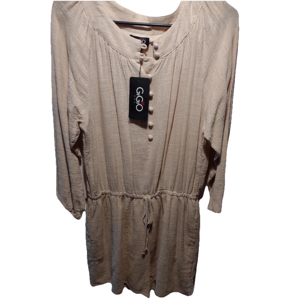 GIGIO USA Women Pink Gauze Henley Romper Long Sleeve Drawstring Waist Size M NEW